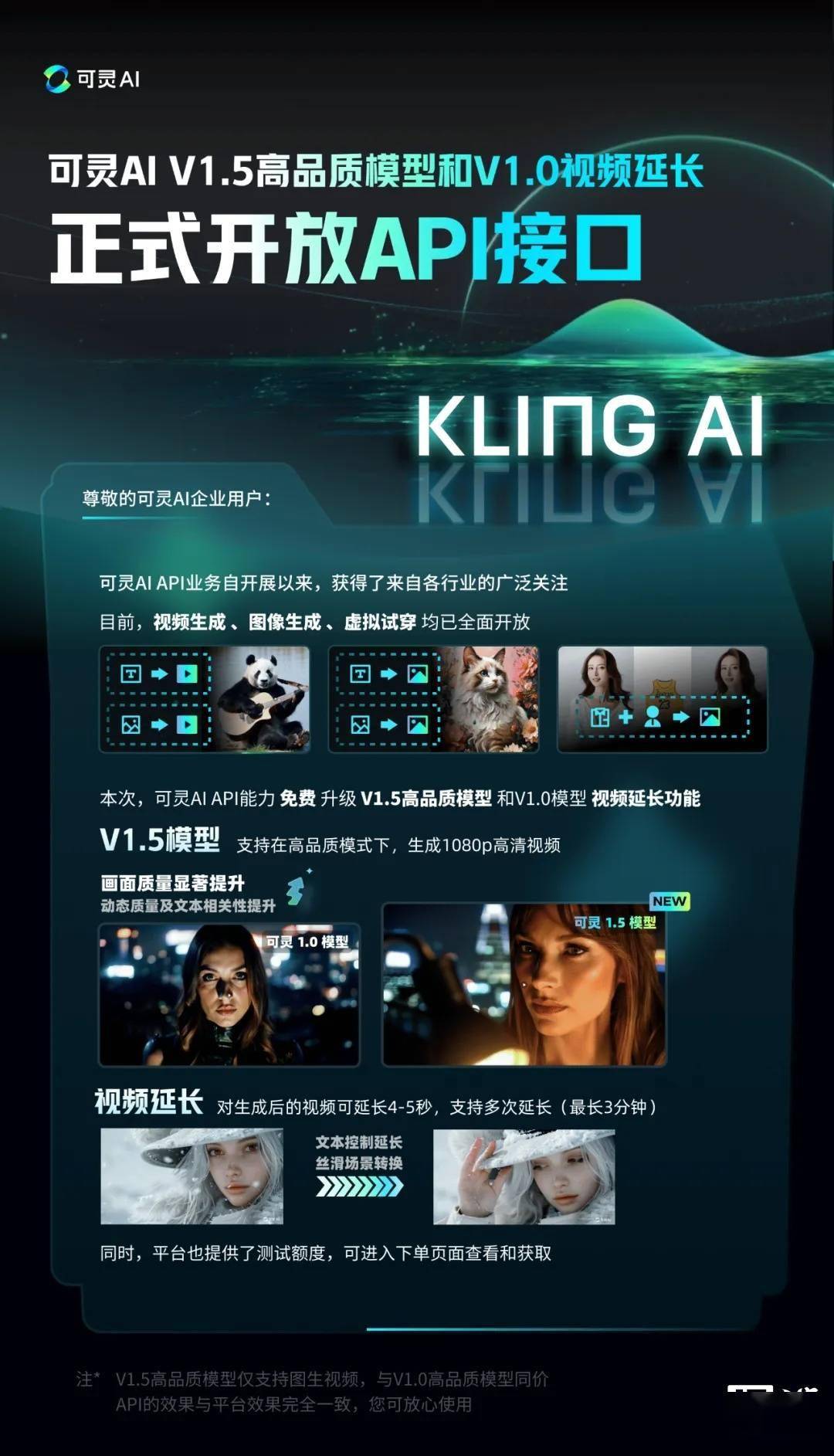 快手可灵 AI 的 API 能力升级，支持 V1.5 版 1080P 高清视频输出