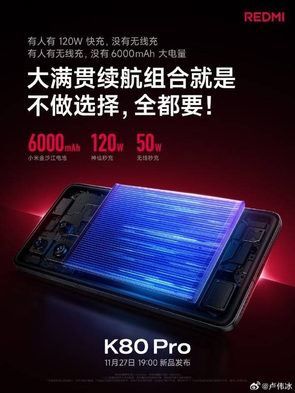 REDMI K80 Pro支持50W无线充 还有大电池+120W快充