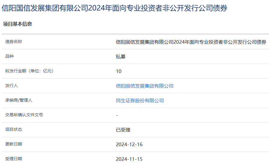 信阳国信发展集团拟发行10亿元公司债，获上交所受理