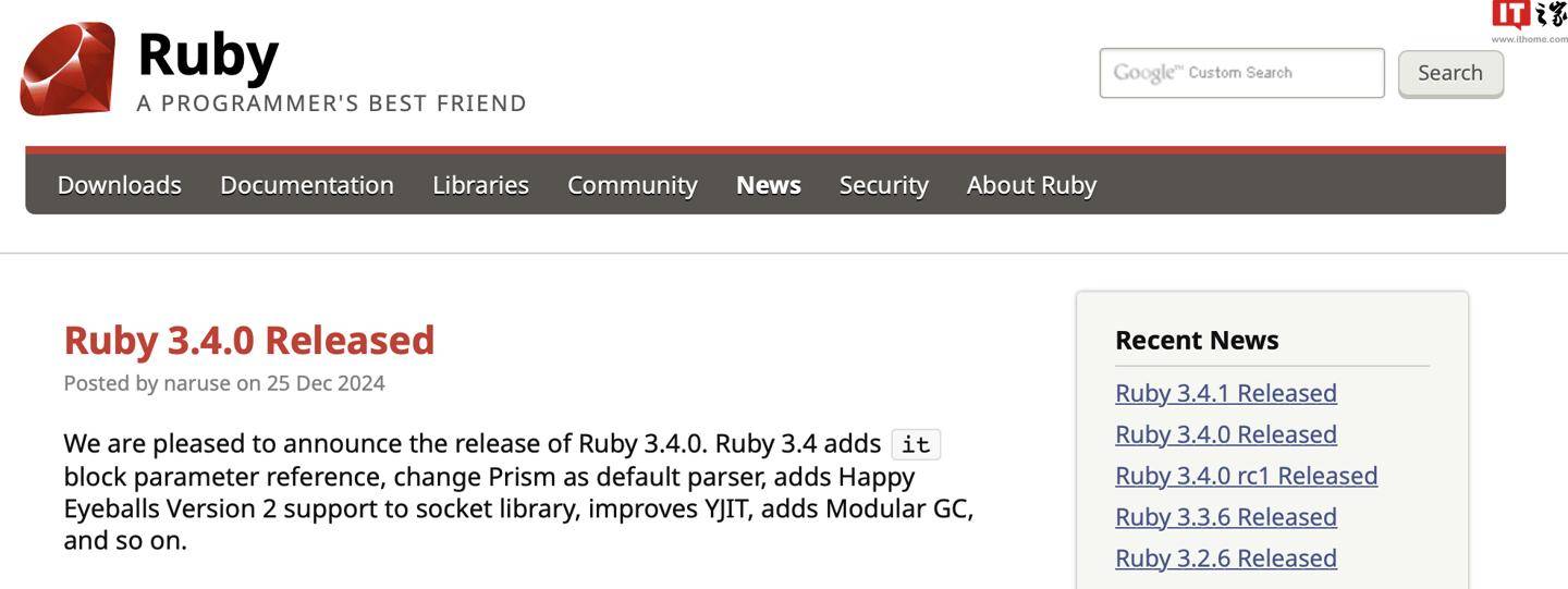 编程语言 Ruby 3.4 正式发布：引入“it”块参数引用方式等