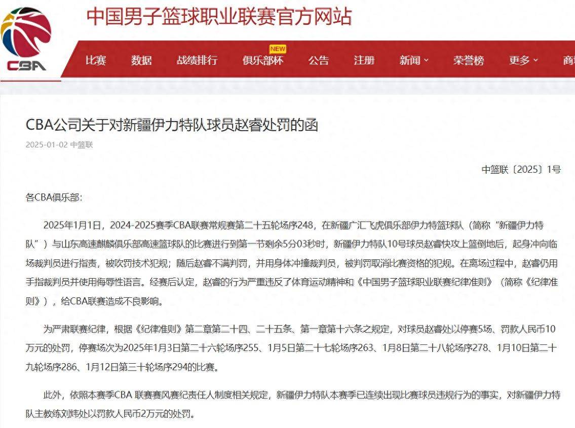 CBA官方：因冲撞和辱骂裁判，赵睿被禁赛5场罚款10万，主教练刘炜罚款2万