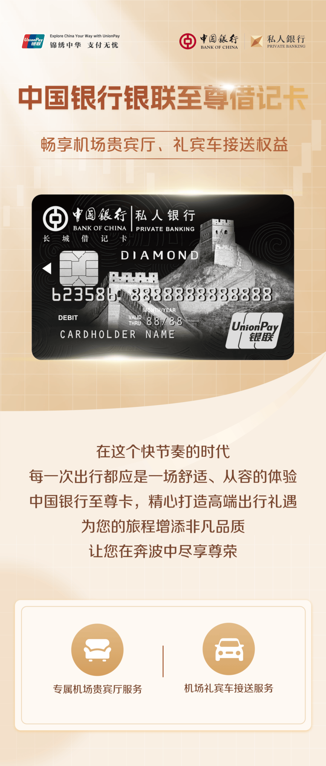 中国银行银联至尊借记卡,畅享机场贵宾厅,礼宾车接送权益