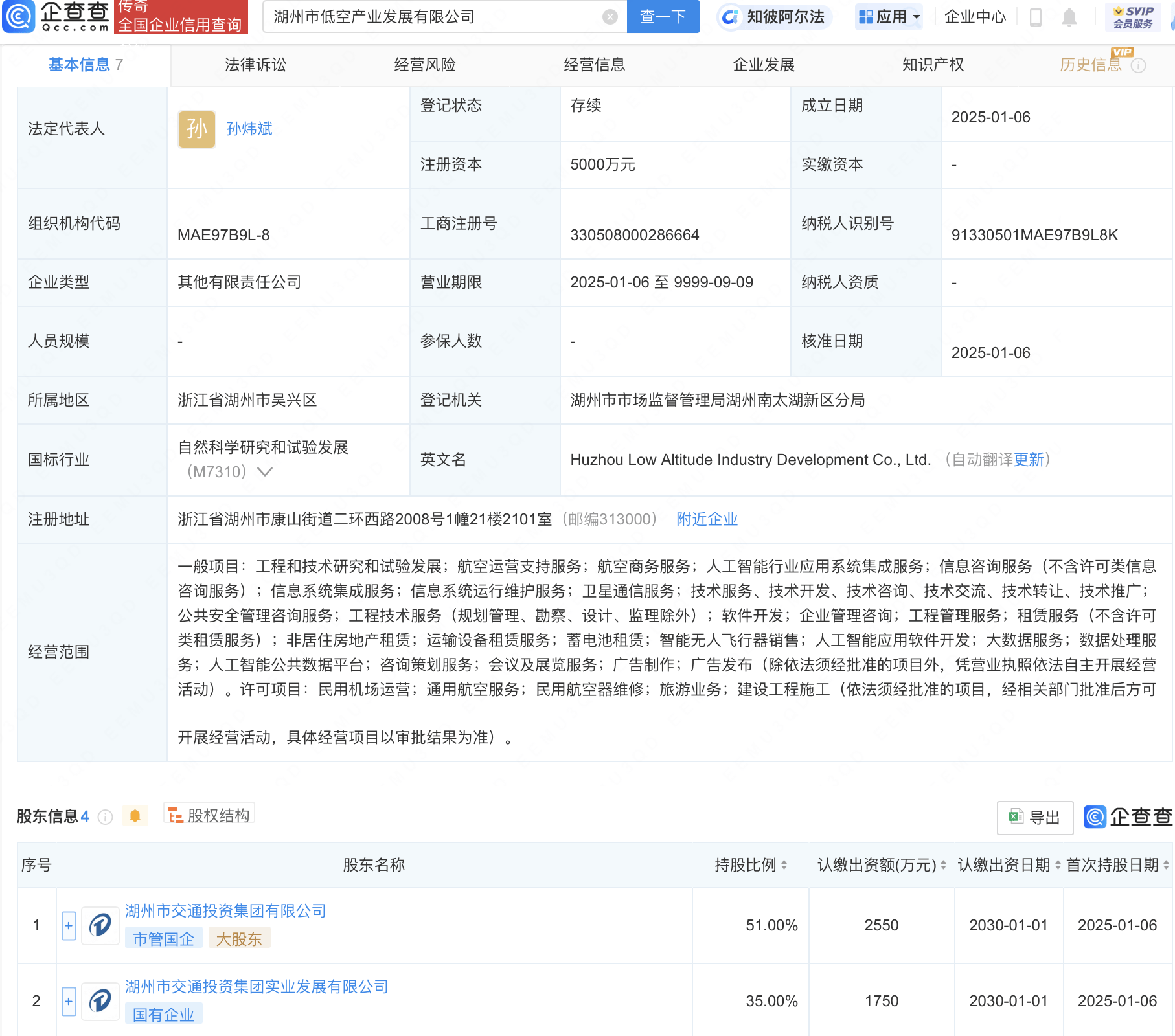 湖州市低空产业发展公司登记成立