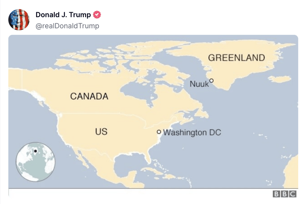 继续拱火？特朗普发了张“新地图”：美国、加拿大和丹麦格陵兰岛均用统一颜色标记