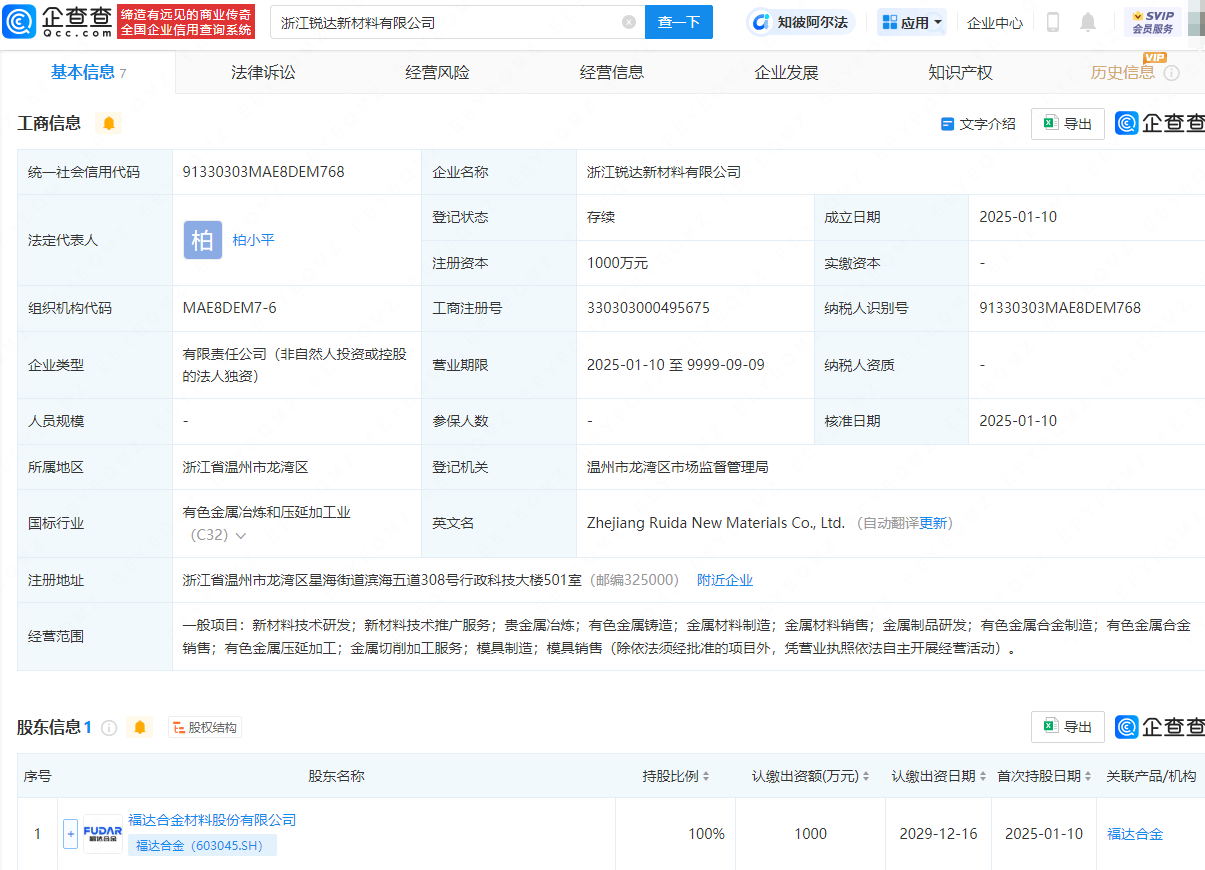 福达合金在浙江投资成立新材料公司