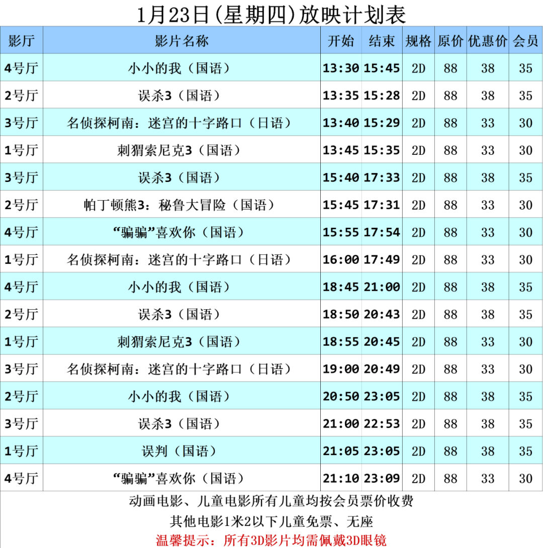 【排片信息】1月23日(星期四)放映时间