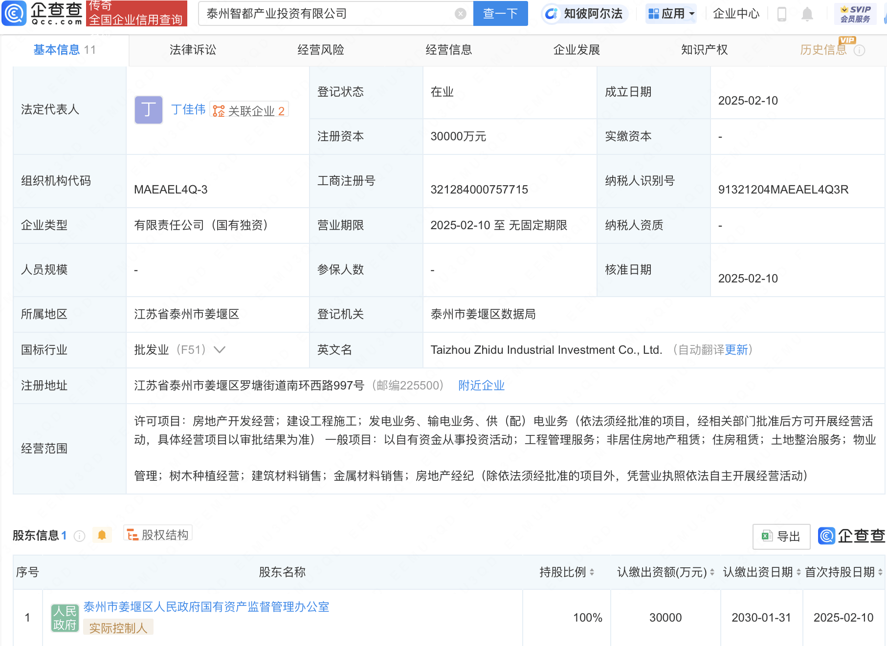 泰州智都产投公司成立，注册资本3亿元