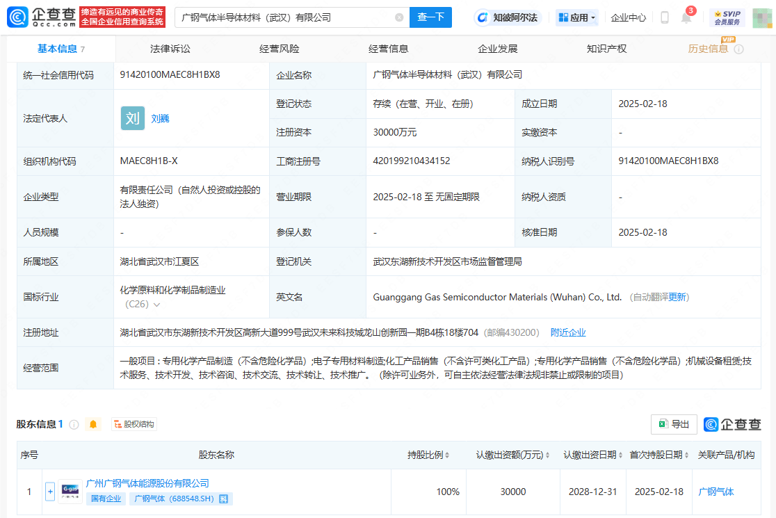 广钢气体3亿元成立半导体材料公司