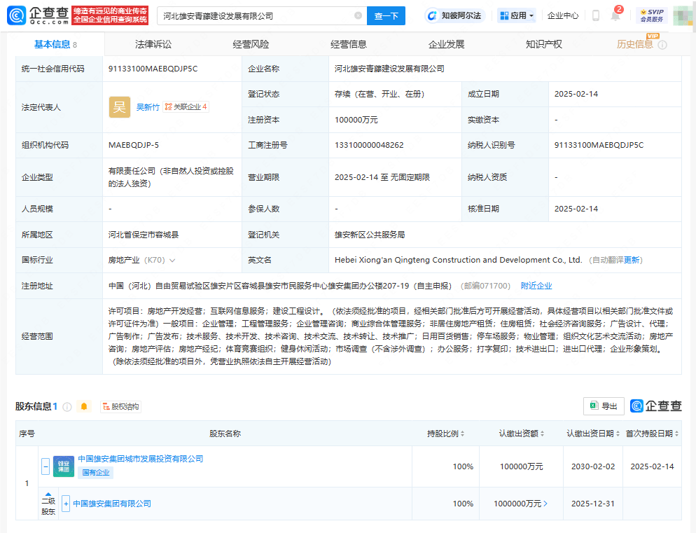 雄安集团10亿元成立新公司