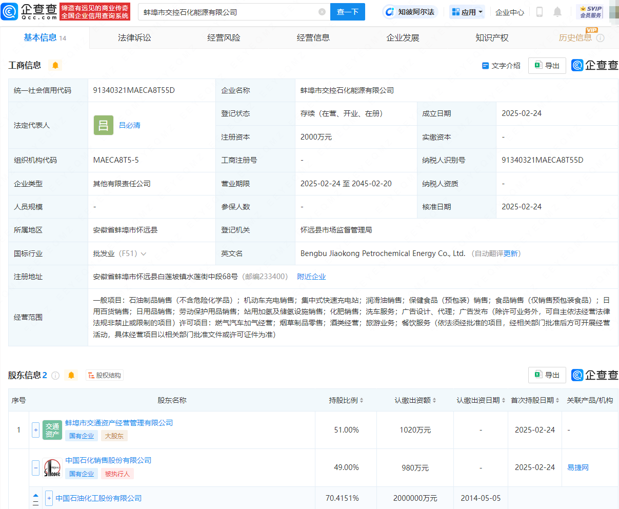 中国石化等投资成立能源公司，含集中式快速充电站业务