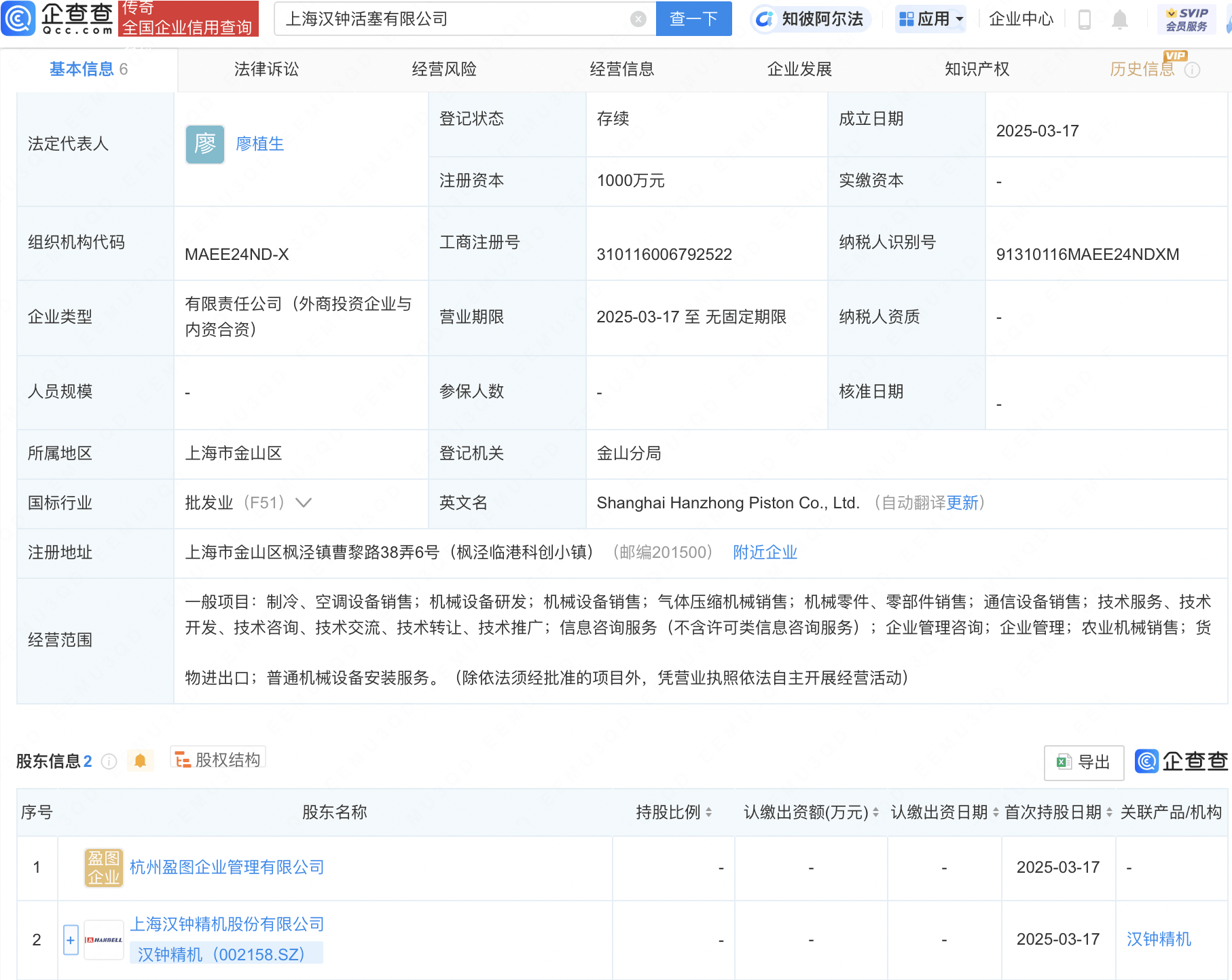 汉钟精机等成立新公司，业务含机械设备研发