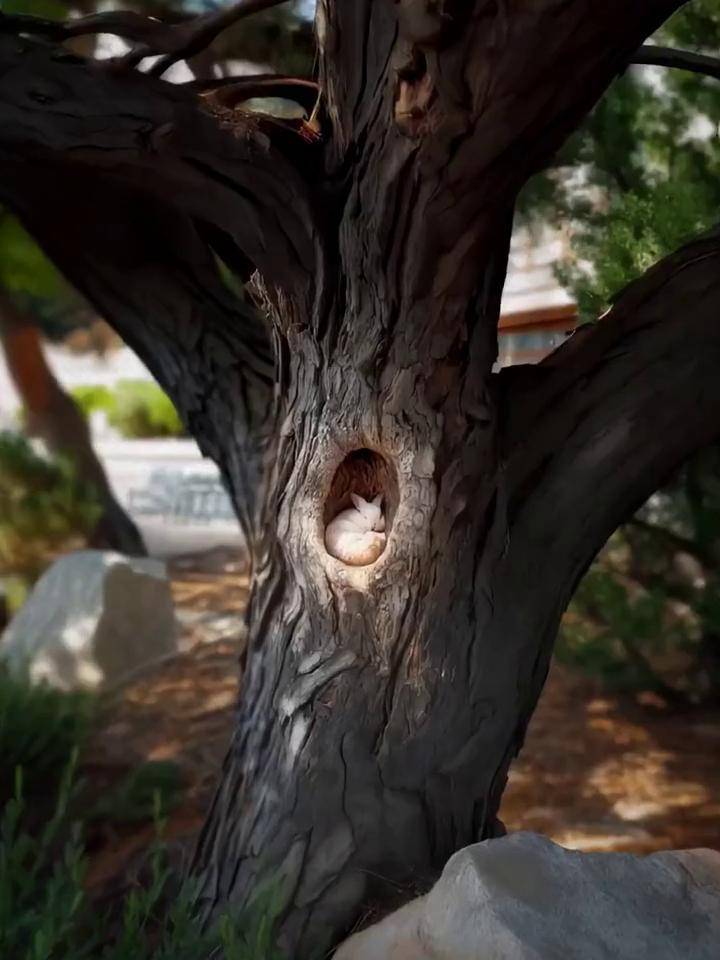 可爱的小兔子在树洞里找到了舒适的家