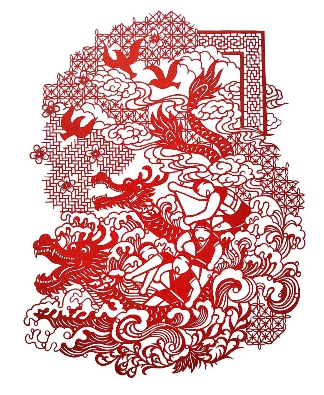 刻纸中"龙舟纹""菖蒲纹"等吉祥寓意,并追溯其与屈原传说,龙图腾崇拜的