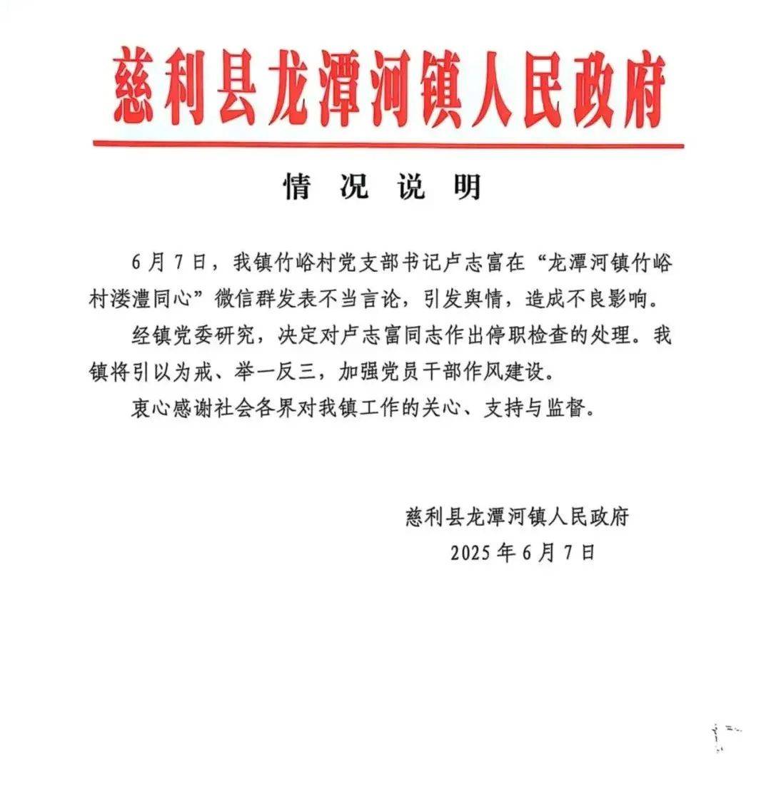 村支书卢志富发表不当言论，被停职检查