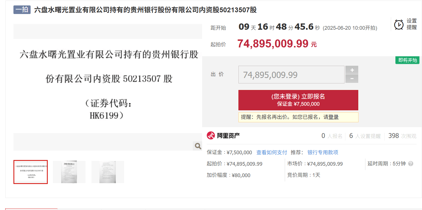 6月20日！贵州银行股权拟溢价38%起拍