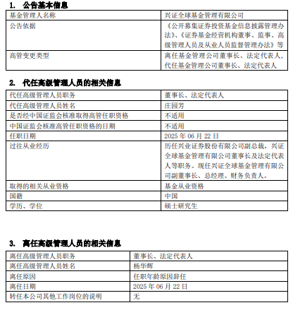 兴证全球基金董事长杨华辉离任 副董事长庄园芳代任