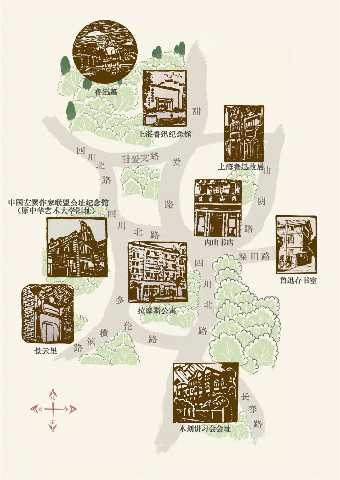 制作推出八枚鲁迅相关人文地标的印章,包含上海鲁迅故居,鲁迅墓,内山