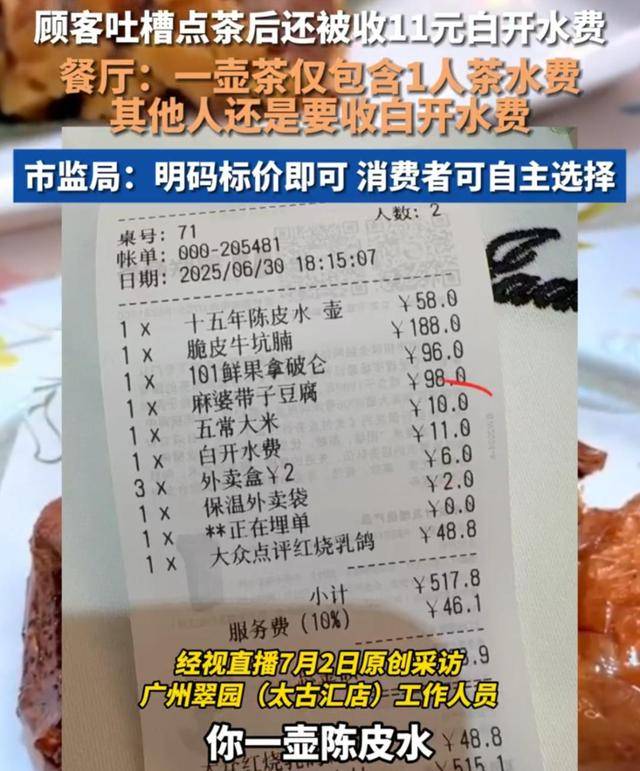 相公 请下休书:顾客吐槽被收白开水费，市监局：11元白开水明码标价即合规