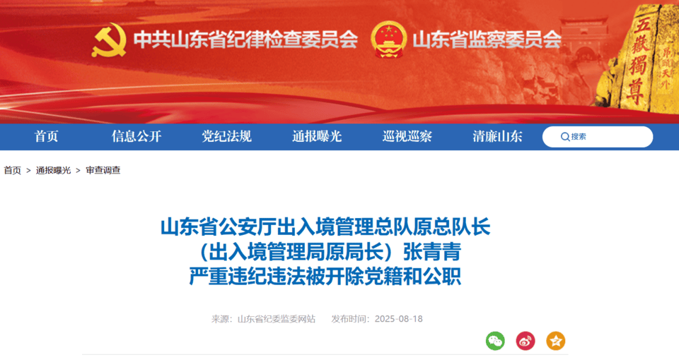 山东省公安厅出入境管理总队原总队长张青青被开除党籍和公职