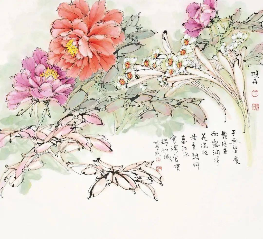 曹明冉双勾牡丹,笔如其人,线如其魂