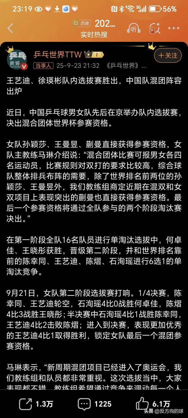 国乒混团世界杯名单出炉：内战王徐瑛彬、王艺迪争议晋级