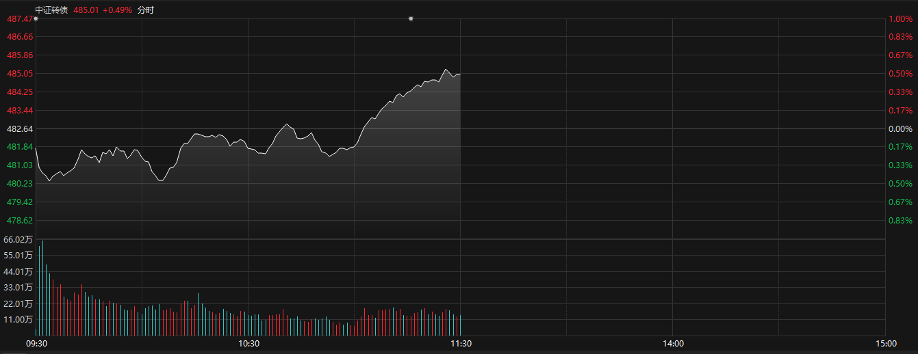中证转债指数午盘上涨0.49%