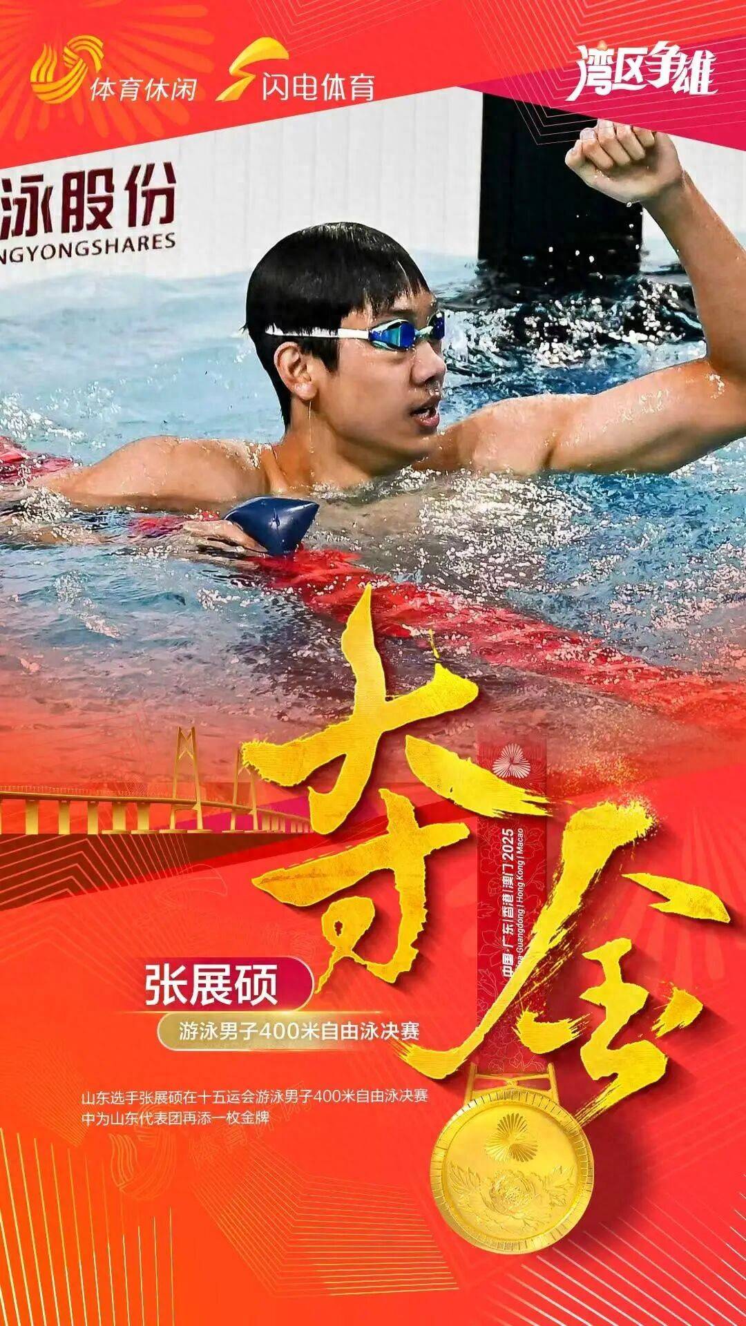 3分42秒82刷新世界青年纪录！山东队张展硕夺全运会400米自由泳金牌