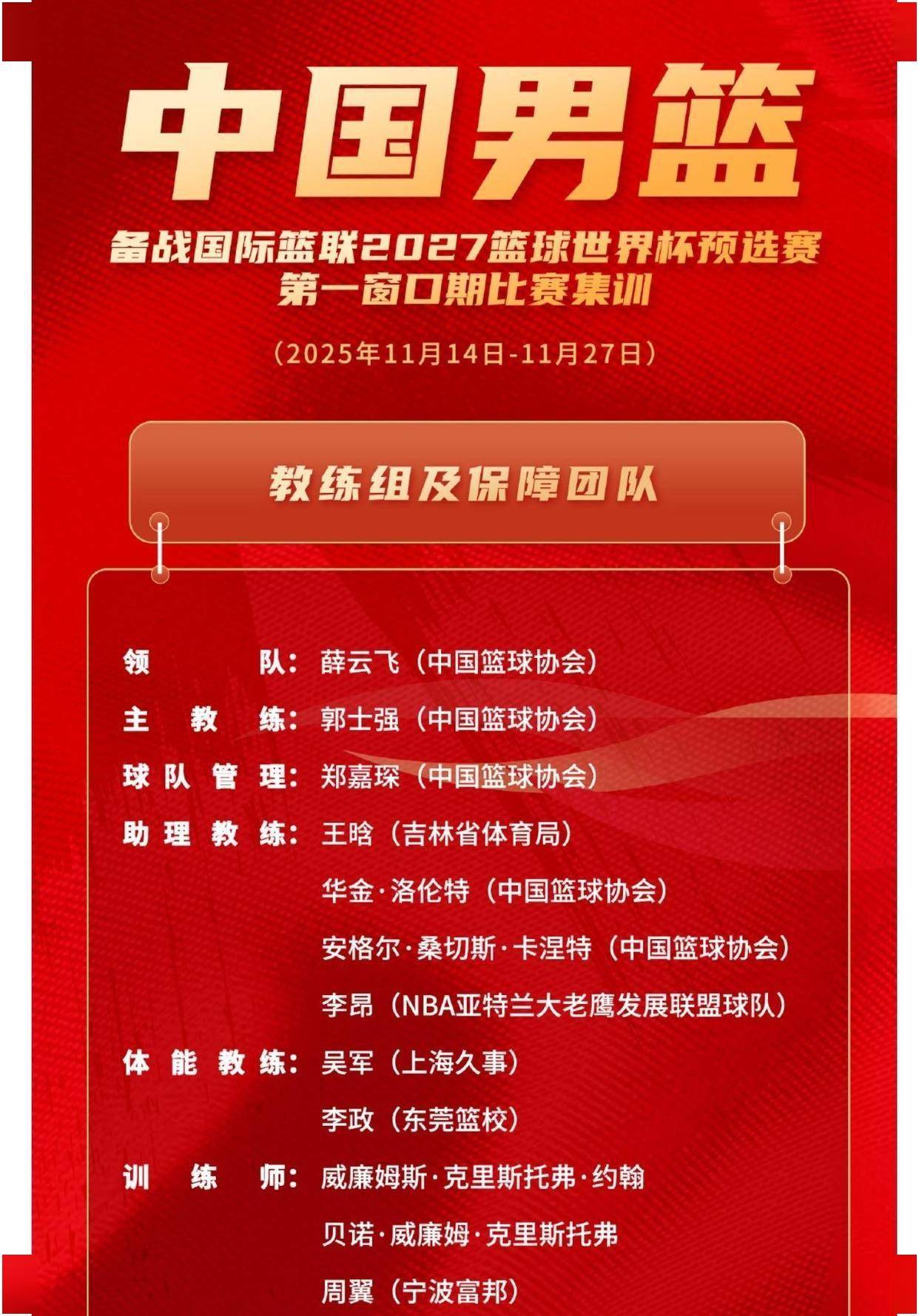 晚上10点正式官宣中国男篮19人大名单公布赵睿胡明轩曾凡博率队