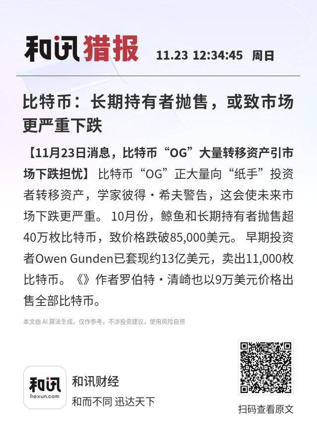 比特币：长期持有者抛售，或致市场更严重下跌