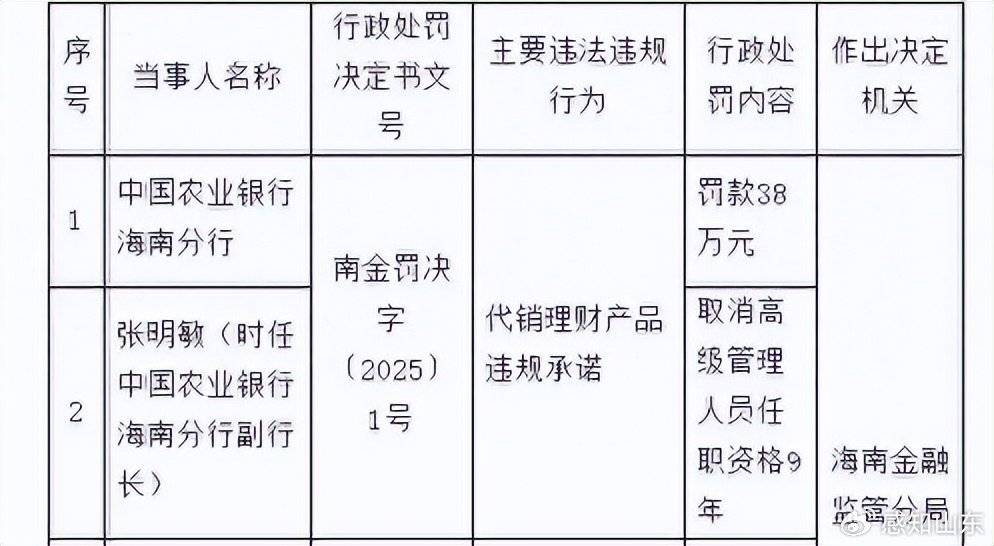 中国农业银行海南分行因代销理财产品违规承诺被罚款38万元
