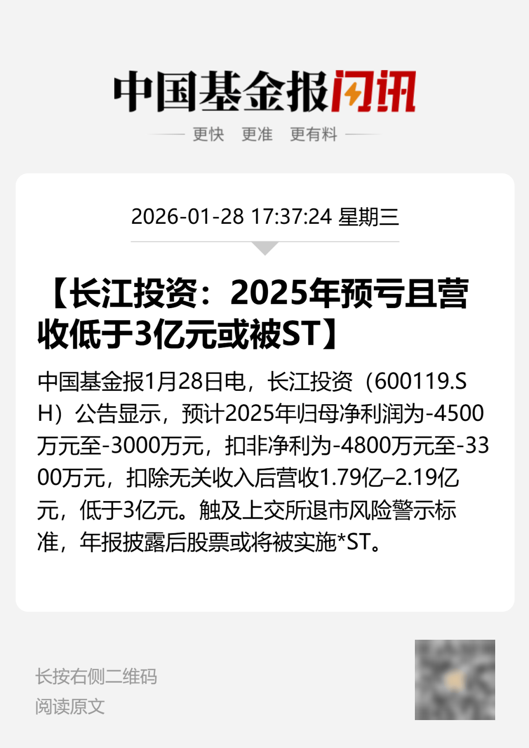 600119，业绩预亏！或被*ST