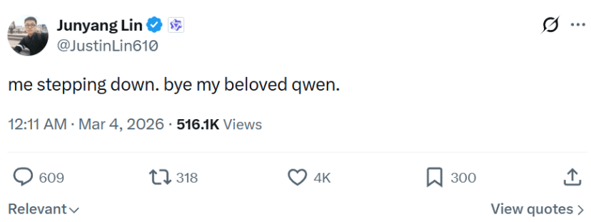 林俊旸深夜宣布离开千问，上一条还是感谢马斯克表扬