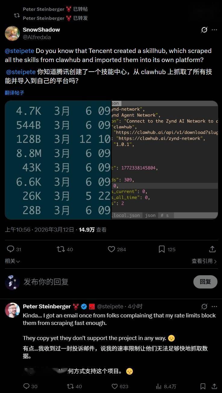 “龙虾之父”斯坦伯格质疑SkillHub“抄袭”数据，腾讯回应