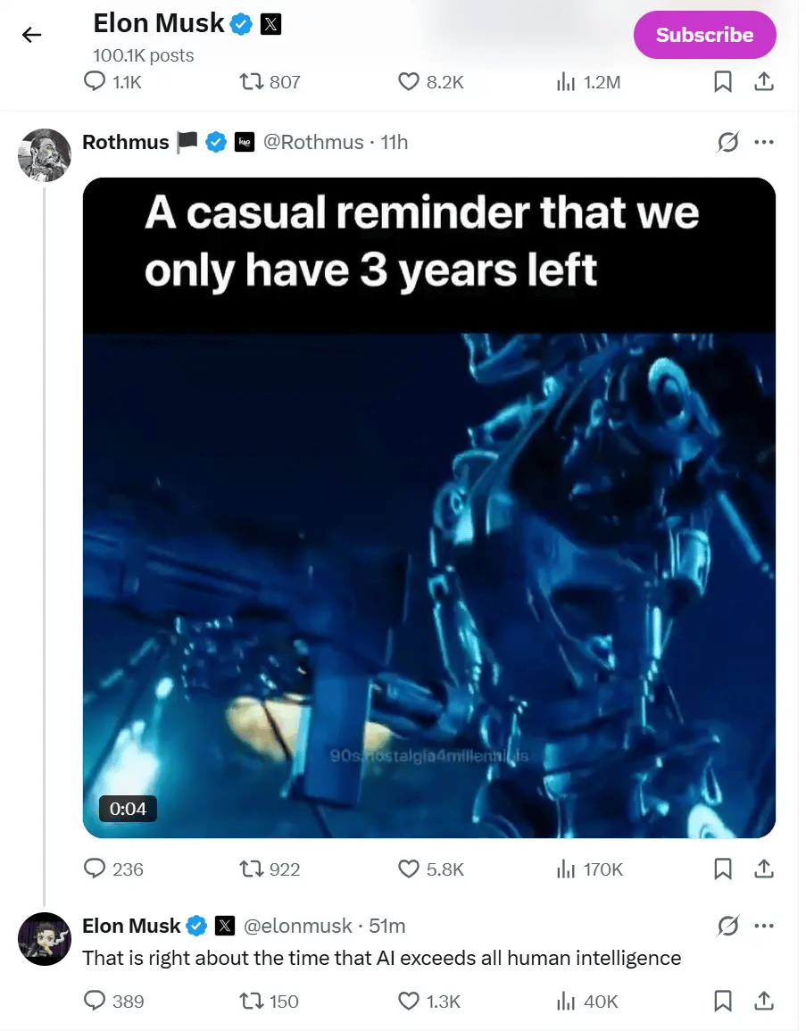 马斯克：人工智能将在3年后超过所有人类智能