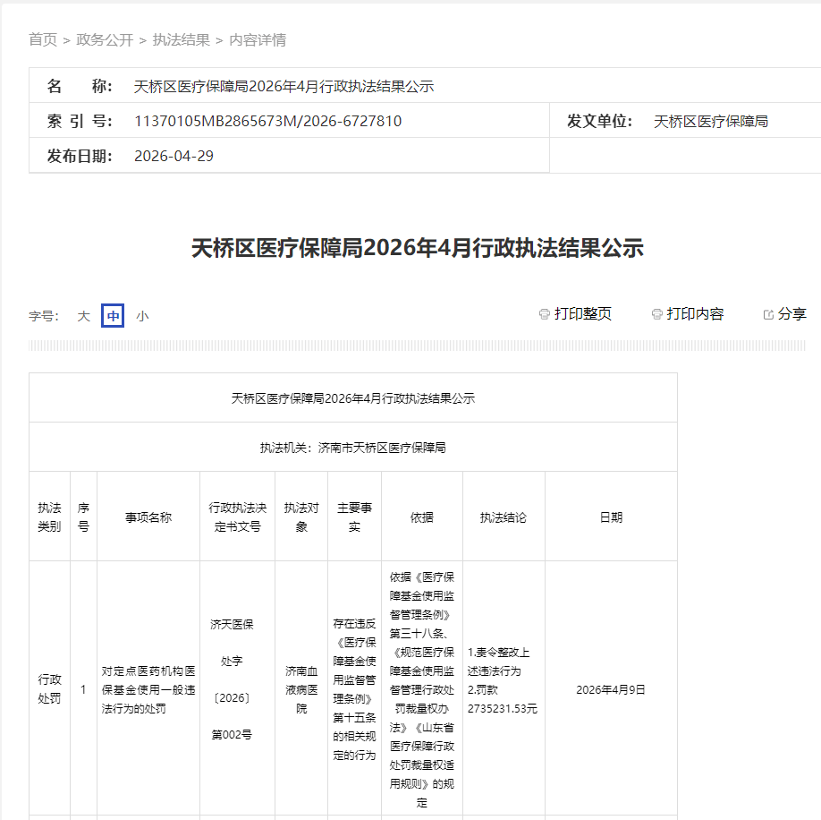 济南血液病医院被罚超273万元:因违反医保基金使用相关规定(图1)