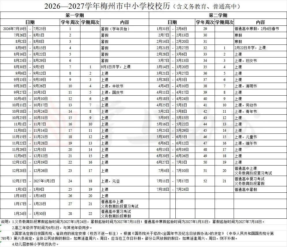 新调整!高三生9月1日开学!梅州市最新校历出炉_起始_时间_中小学