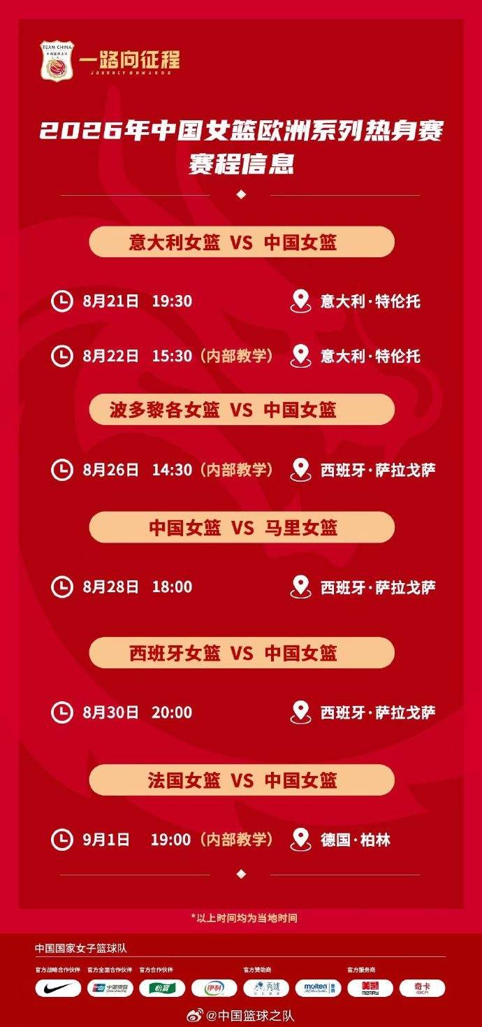 中国女篮今日启程前往意大利，开启欧洲拉练；拉练结束后将前往德国，征战世界杯