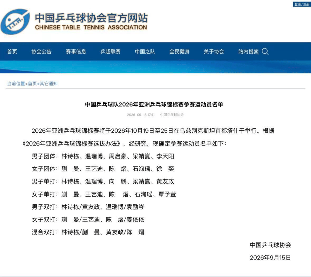 中国乒协公布2026年亚锦赛国乒参赛运动员名单